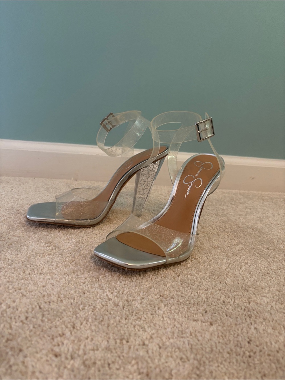 Jessica Simpson Clear Glitter Ankle-Strap Heels - Silver